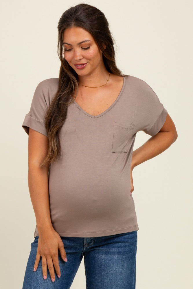 Light Taupe V-Neck Front Pocket Maternity Short Sleeve T-Shirt