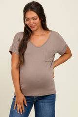 Light Taupe V-Neck Front Pocket Maternity Short Sleeve T-Shirt