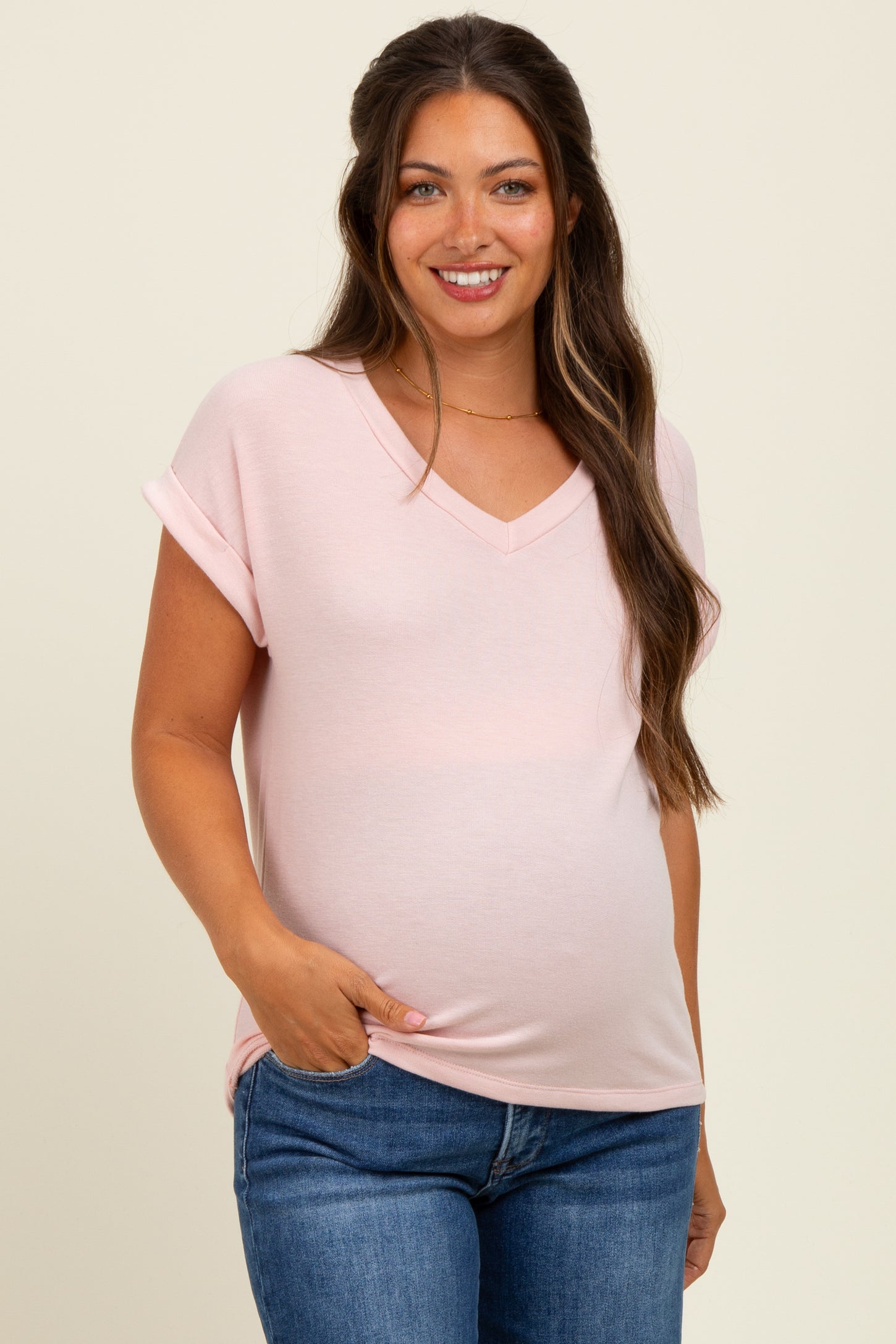 Light Pink Terry Short Sleeve Maternity Top