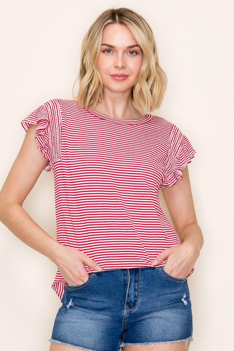 Red Striped Flutter Sleeve Top