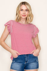 Red Striped Flutter Sleeve Top
