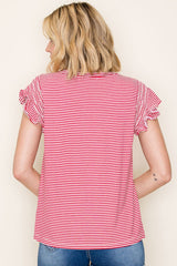 Red Striped Flutter Sleeve Top
