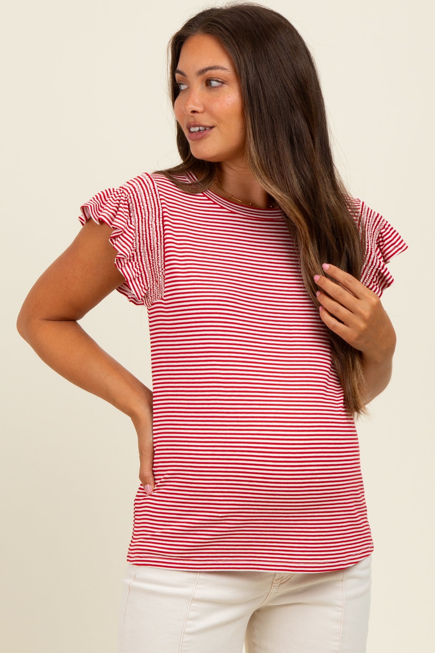 Red Striped Flutter Sleeve Maternity Top