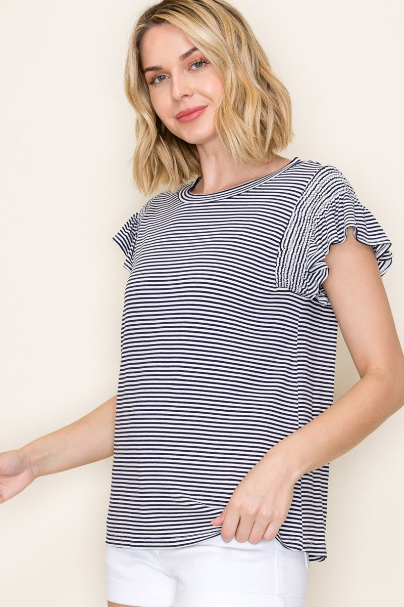 Navy Striped Flutter Sleeve Top