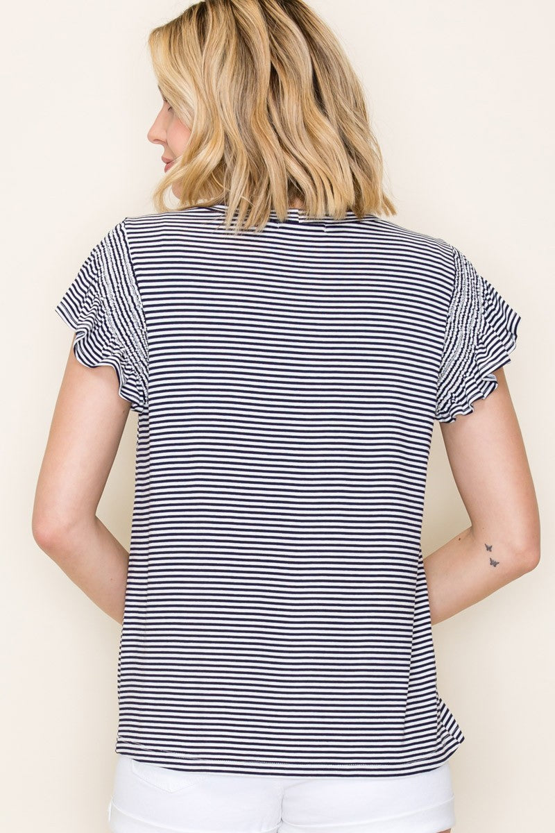 Navy Striped Flutter Sleeve Top
