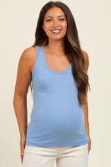 Blue Ribbed Basic Maternity Tank Top