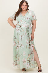 Light Olive Floral Chiffon Sash Tie Maternity Plus Maxi Dress