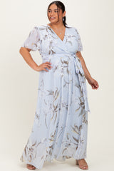 Light Blue Floral Chiffon Sash Tie Plus Maxi Dress