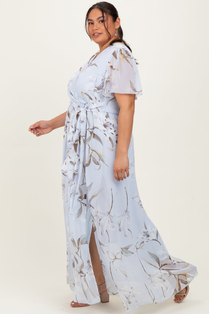 Light Blue Floral Chiffon Sash Tie Plus Maxi Dress