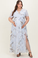 Light Blue Floral Chiffon Sash Tie Maternity Plus Maxi Dress