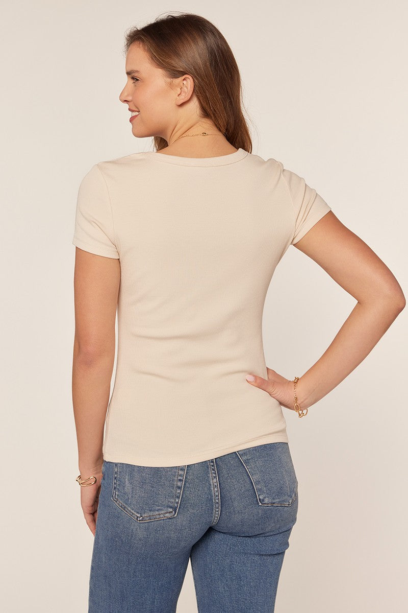Cream Ribbed Square Neck T-Shirt