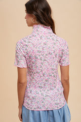 Pink Floral Ruffle Mock Neck Short Sleeve Top