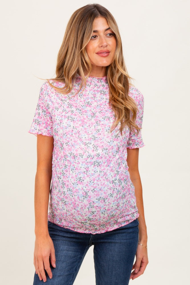 Pink Floral Ruffle Mock Neck Maternity Short Sleeve Top