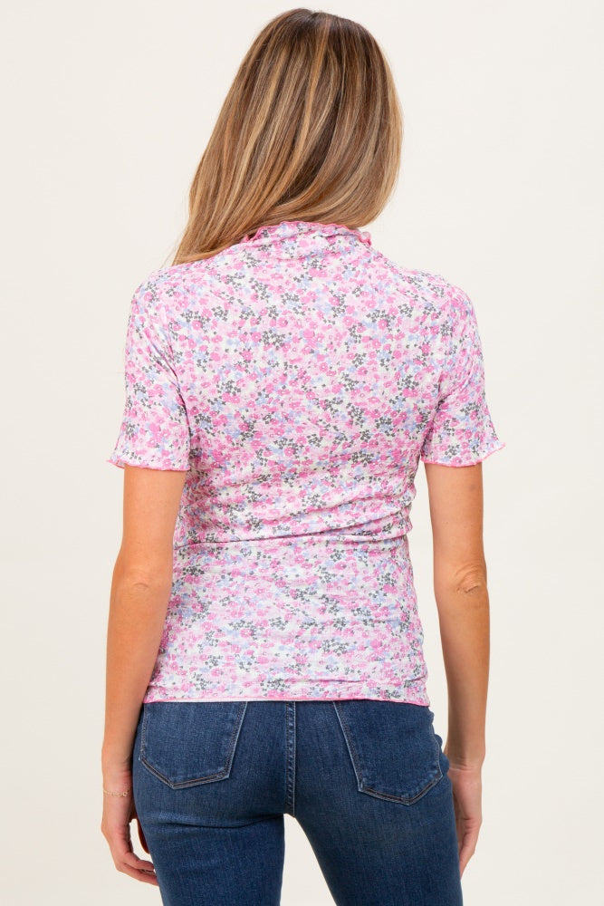 Pink Floral Ruffle Mock Neck Maternity Short Sleeve Top
