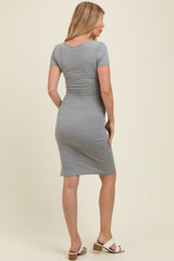 Heather Grey Square Neck Side Slit Maternity Midi Dress