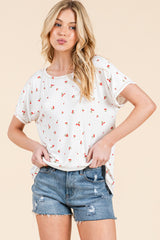 Ivory Cherry Print Ribbed Short Sleeve Tee