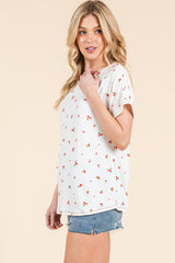 Ivory Cherry Print Ribbed Short Sleeve Tee