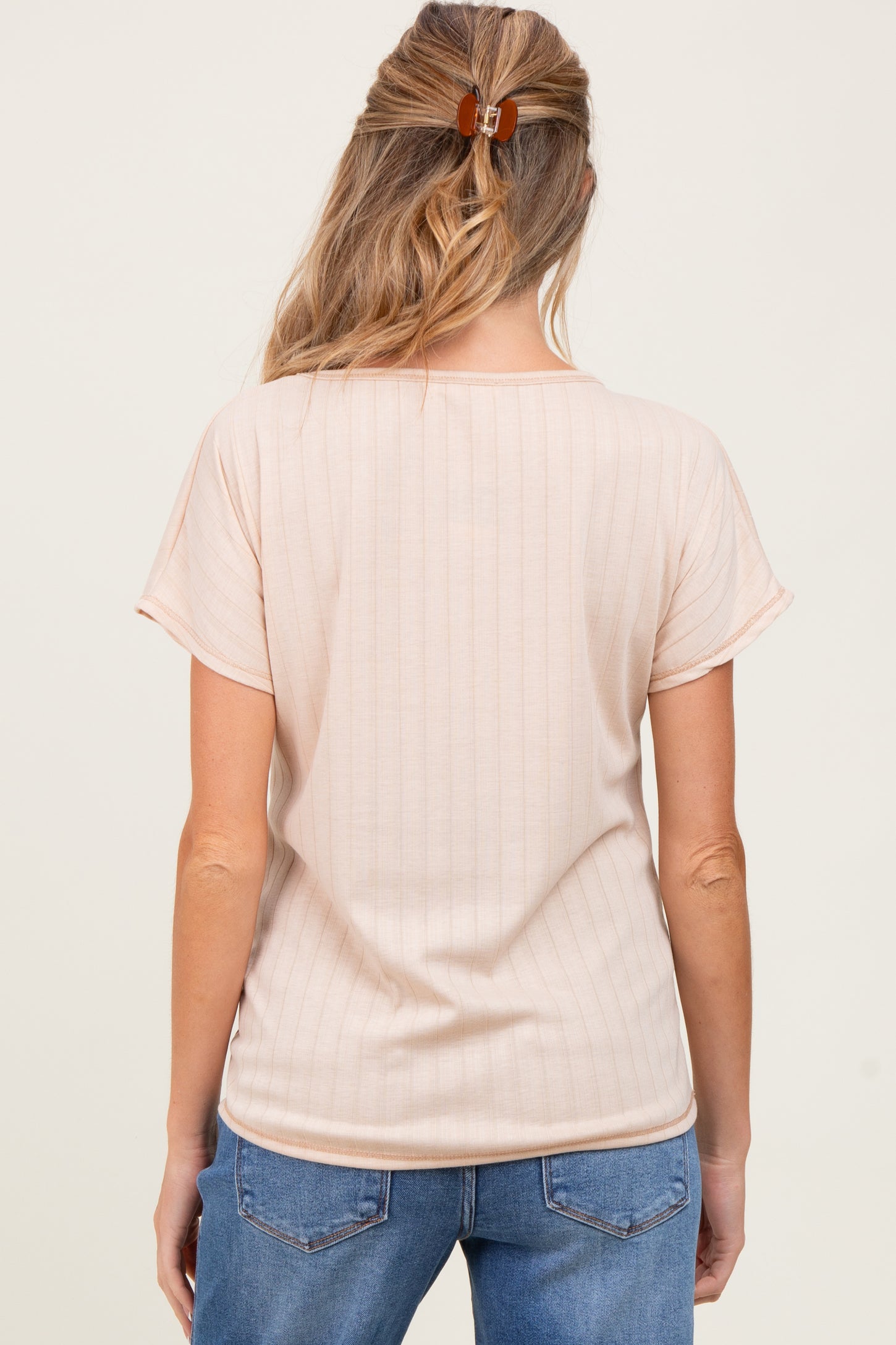 Beige Ribbed Relaxed Maternity Tee