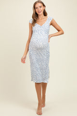 Blue Floral Ditsy Cap Sleeve Side Slit Maternity Midi Dress