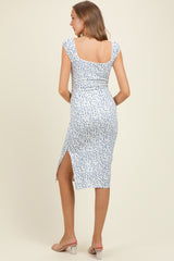 Blue Floral Ditsy Cap Sleeve Side Slit Maternity Midi Dress