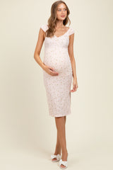 Pink Floral Ditsy Cap Sleeve Side Slit Maternity Midi Dress