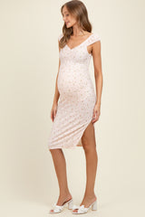 Pink Floral Ditsy Cap Sleeve Side Slit Maternity Midi Dress