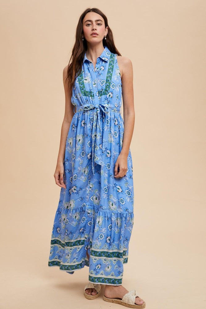 Blue Border Print Collared Button Down Maxi Dress