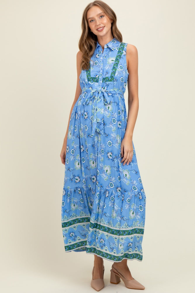 Blue Border Print Collared Button Down Maternity Maxi Dress