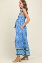 Blue Border Print Collared Button Down Maternity Maxi Dress