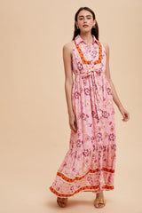 Pink Border Print Collared Button Down Maxi Dress