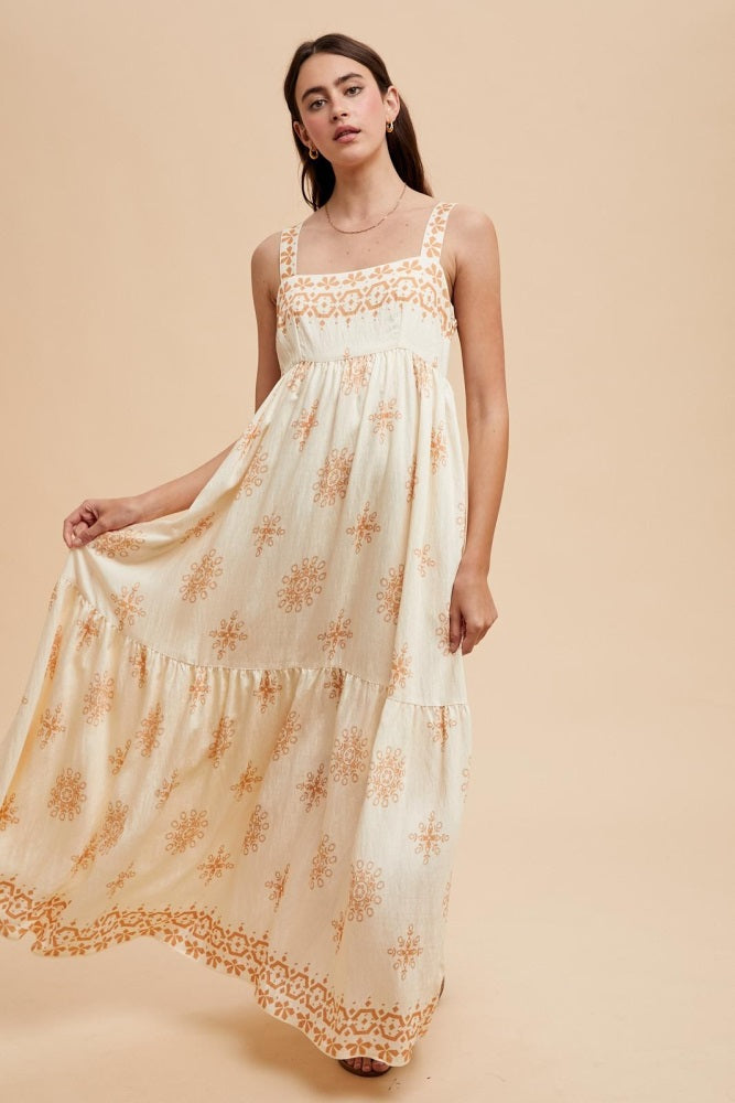 Cream Border Print Sleeveless Tiered Maternity Maxi Dress