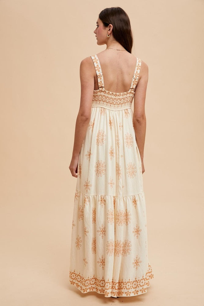 Cream Border Print Sleeveless Tiered Maxi Dress