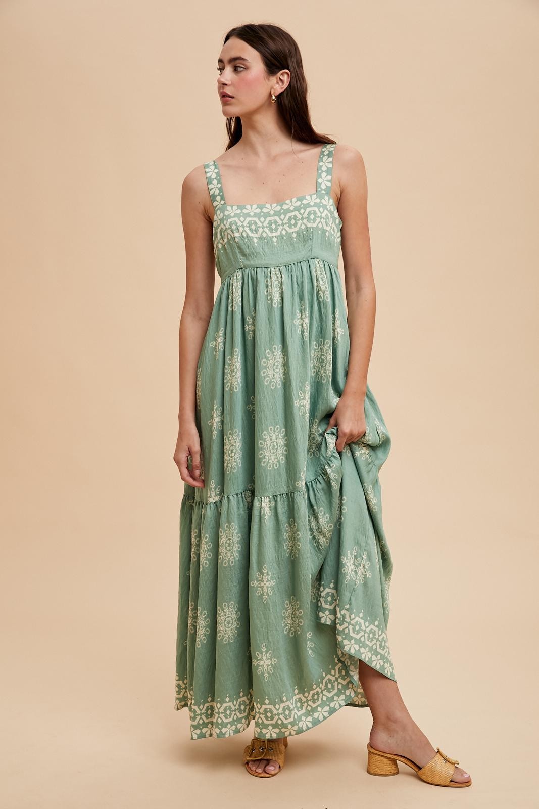 Mint Border Print Sleeveless Tiered Maxi Dress