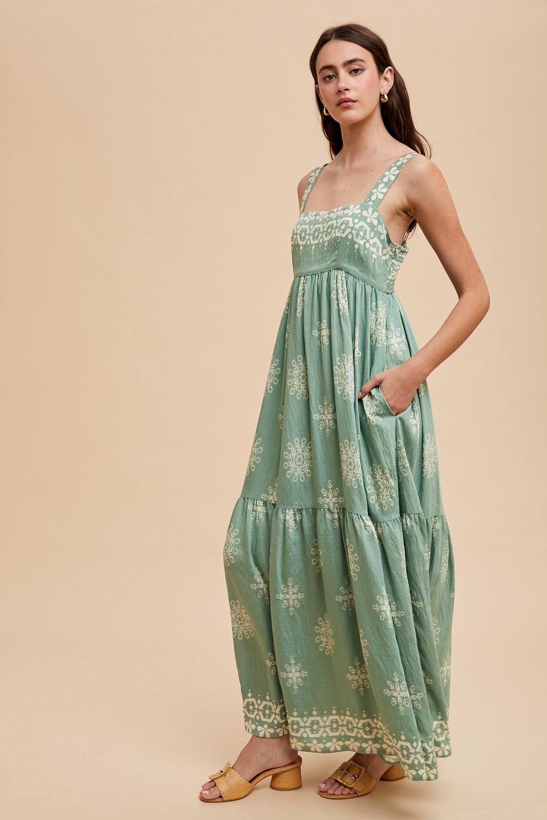 Mint Border Print Sleeveless Tiered Maxi Dress