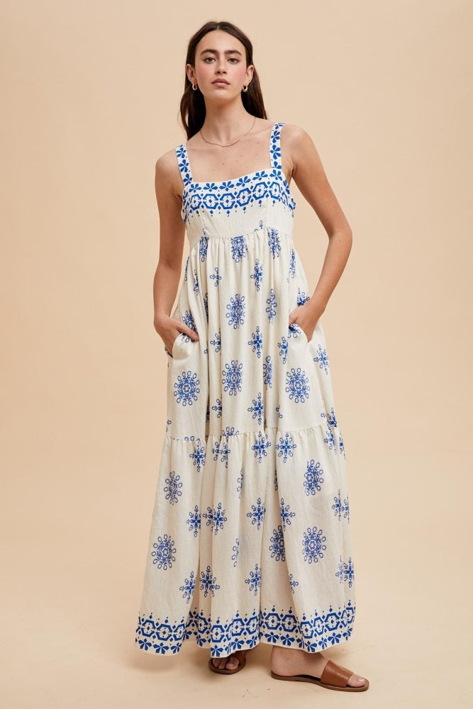 Blue Border Print Sleeveless Tiered Maxi Dress