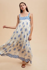 Blue Border Print Sleeveless Tiered Maxi Dress