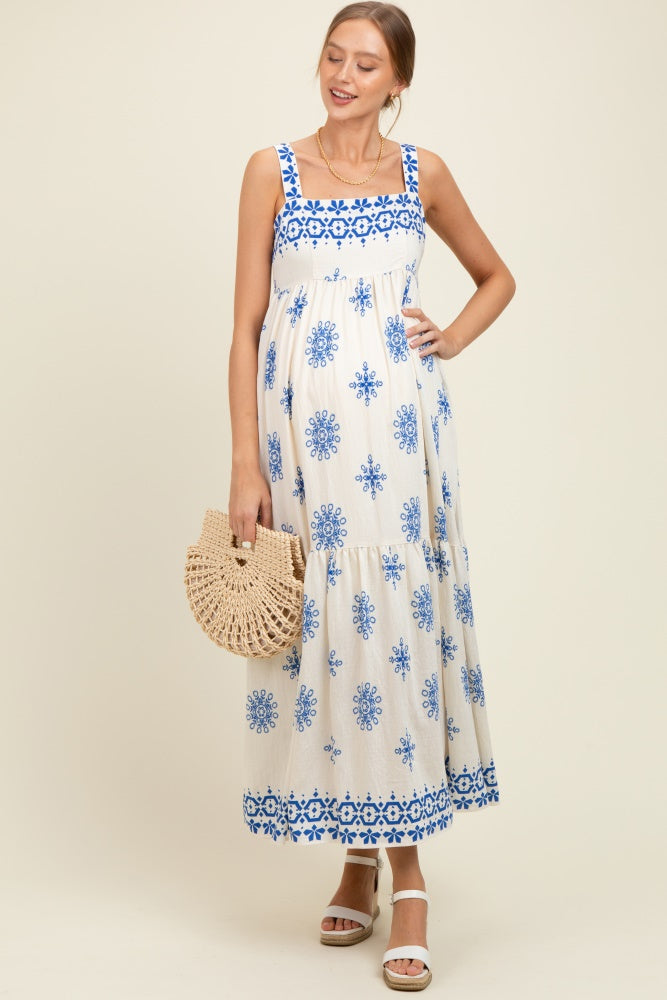 Blue Border Print Sleeveless Tiered Maternity Maxi Dress
