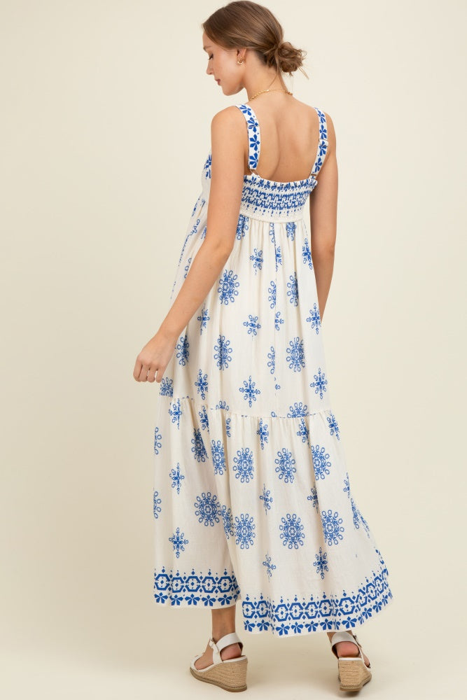 Blue Border Print Sleeveless Tiered Maternity Maxi Dress