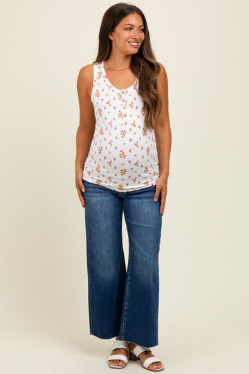 Pink Floral Ribbed Button Front Maternity Tank Top