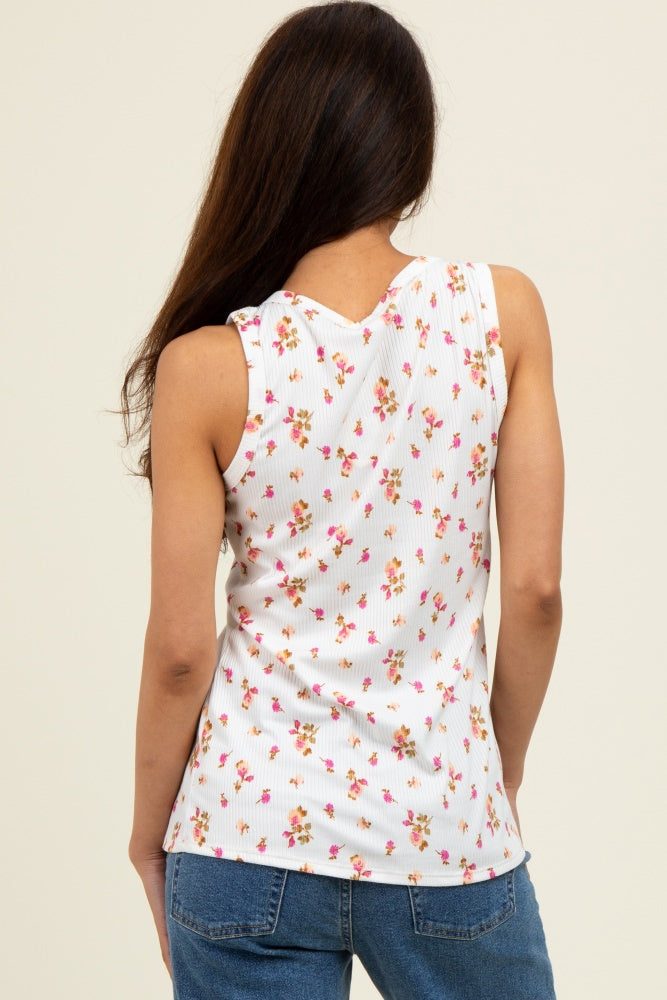 Pink Floral Ribbed Button Front Tank Top