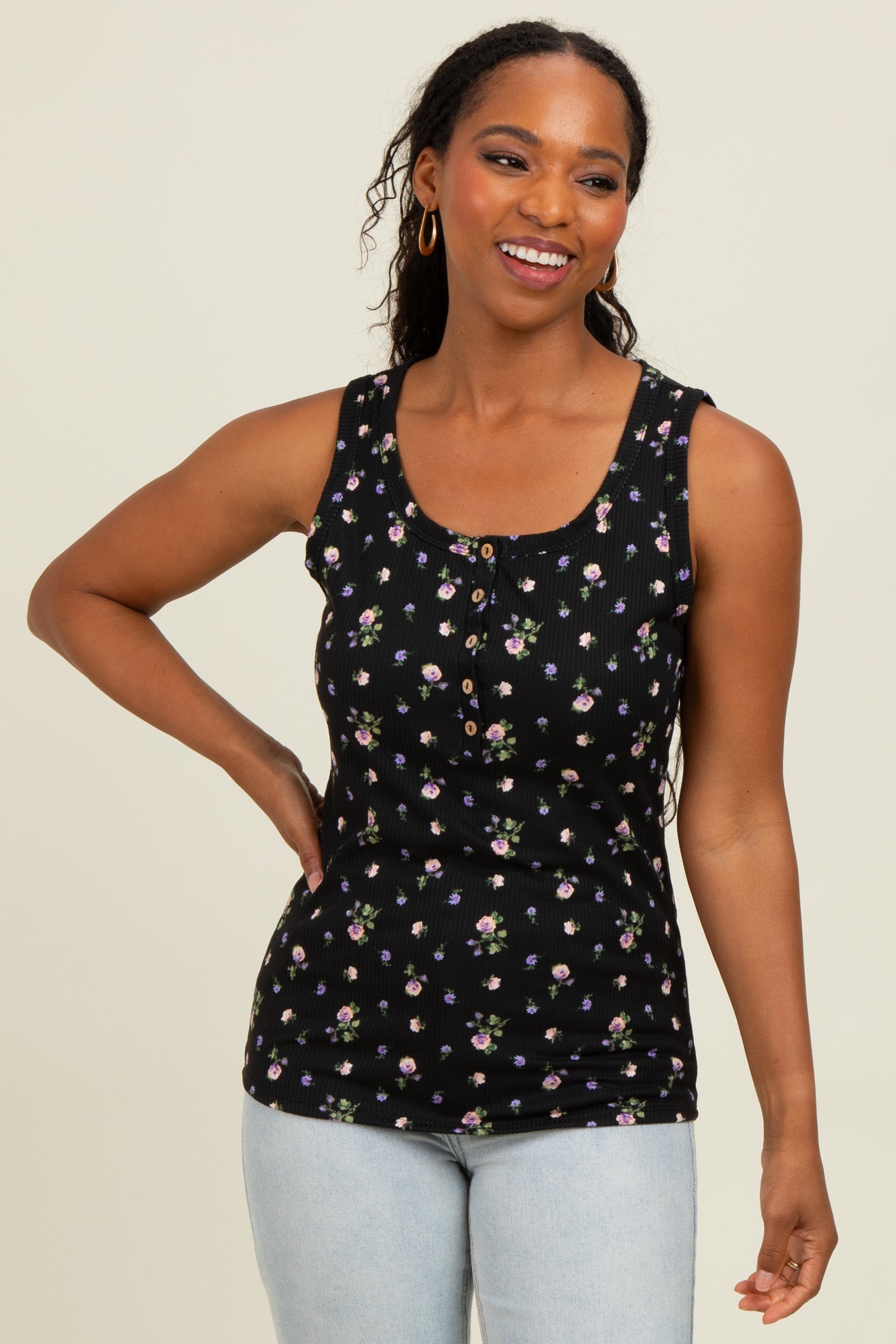 Black Floral Ribbed Button Front Tank Top