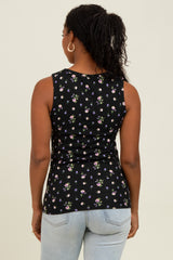 Black Floral Ribbed Button Front Tank Top