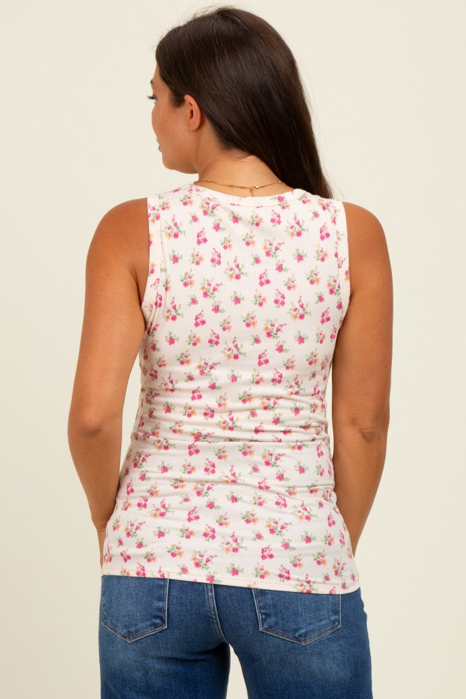 Cream Floral Ribbed Button Front Maternity Tank Top