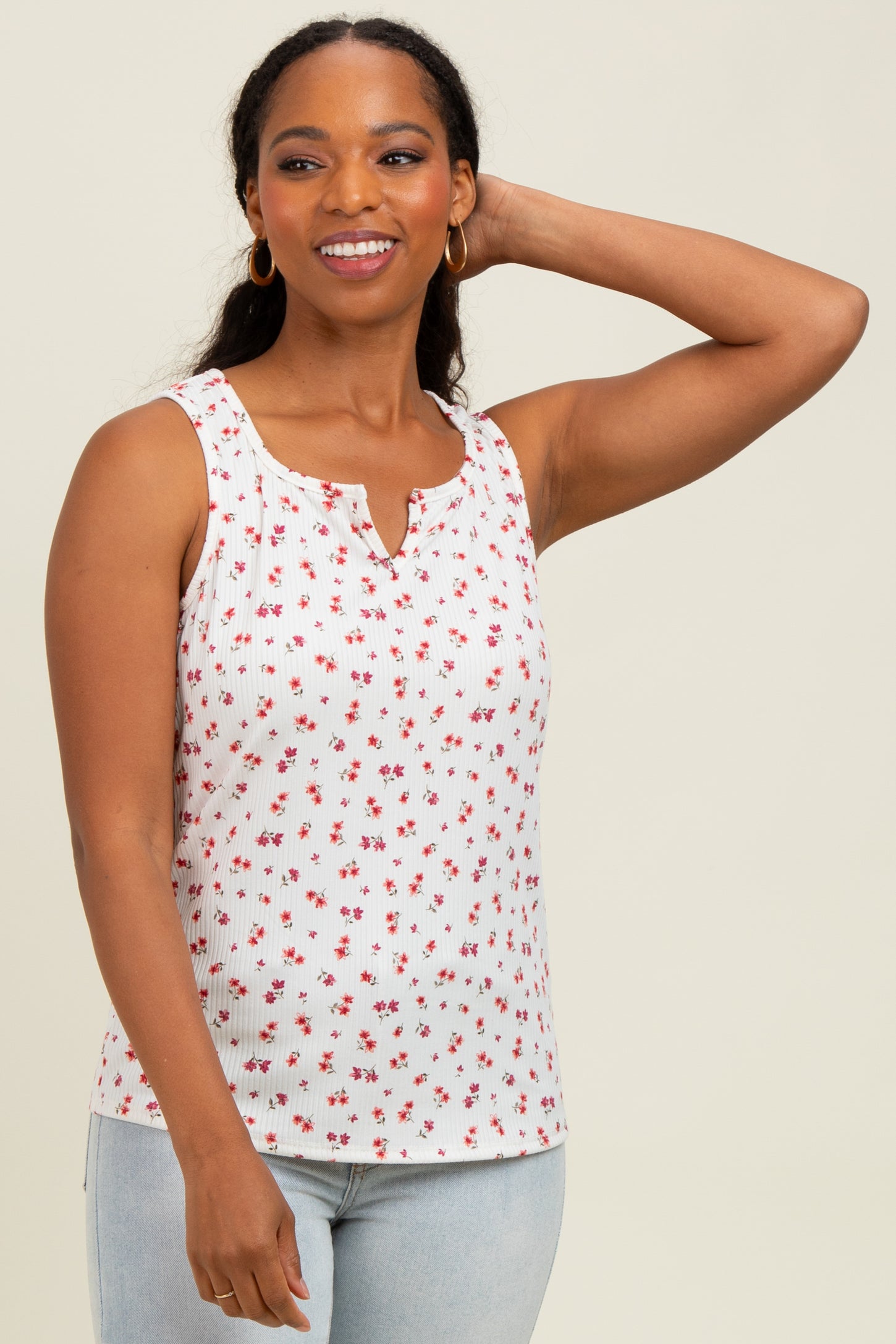 Ivory Floral Ribbed Split Neck Maternity Tank Top