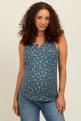 Teal Floral Ribbed Split Neck Maternity Tank Top