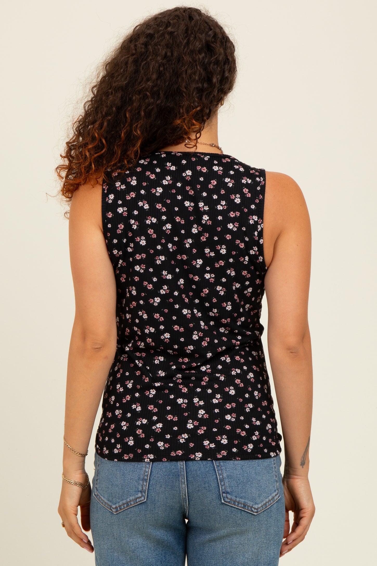 Black Floral Ribbed Split Neck Maternity Tank Top