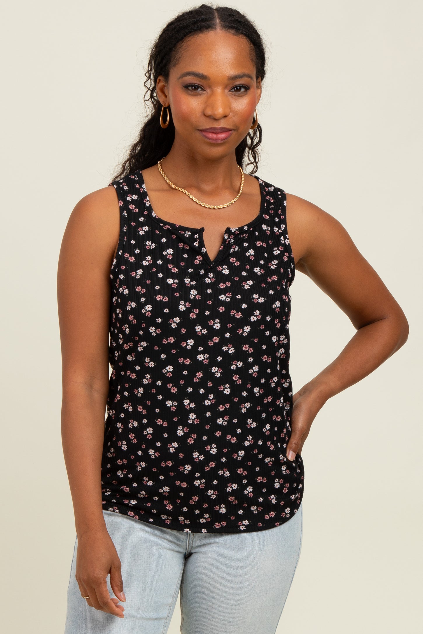 Black Floral Ribbed Split Neck Maternity Tank Top