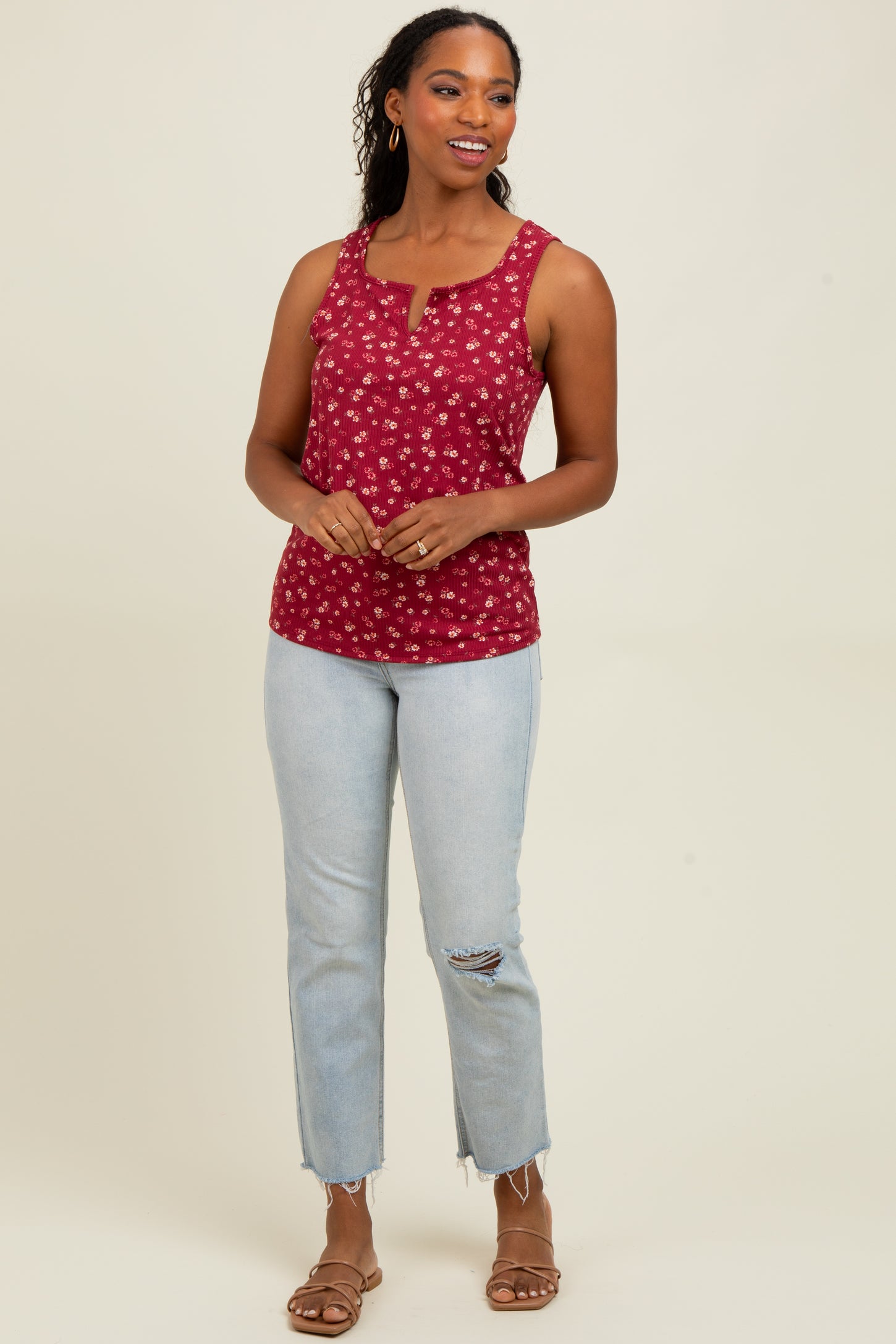 Burgundy Floral Ribbed Split Neck Tank Top