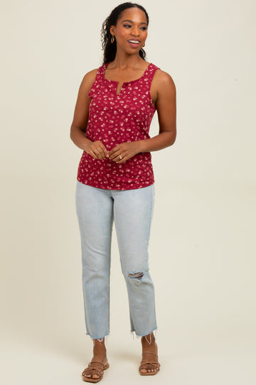 Burgundy Floral Ribbed Split Neck Tank Top