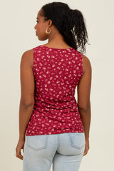 Burgundy Floral Ribbed Split Neck Tank Top